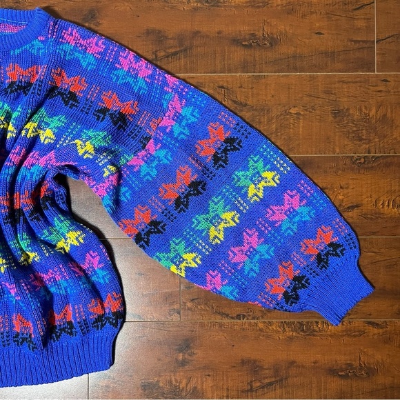 VINTAGE 1980s Bright Printed Sweater Crew Neck Vtg 80s Balloon Sleeves - Picture 6 of 7